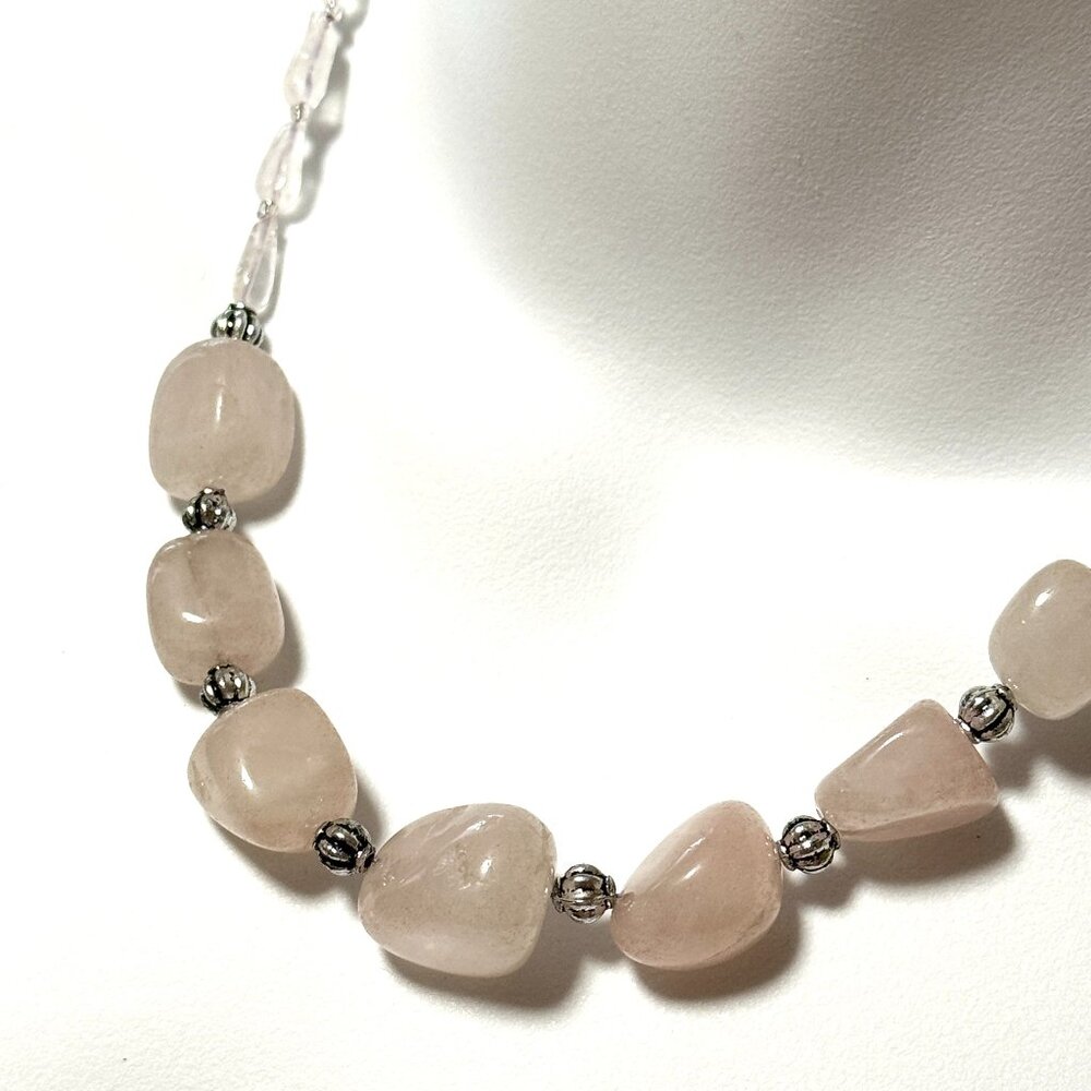 Rustic Pink Rose Quartz Bib Necklace, Genuine Tumbled Gemstone Beaded Necklace